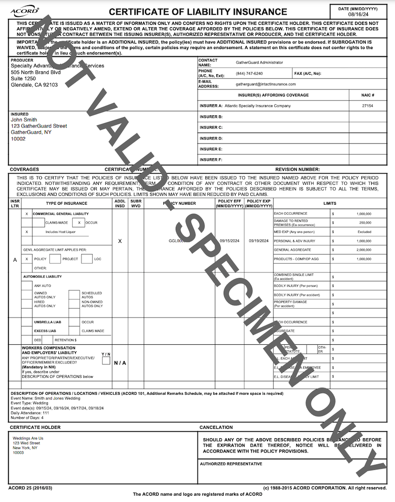 sample Certificate of insurance for one day event